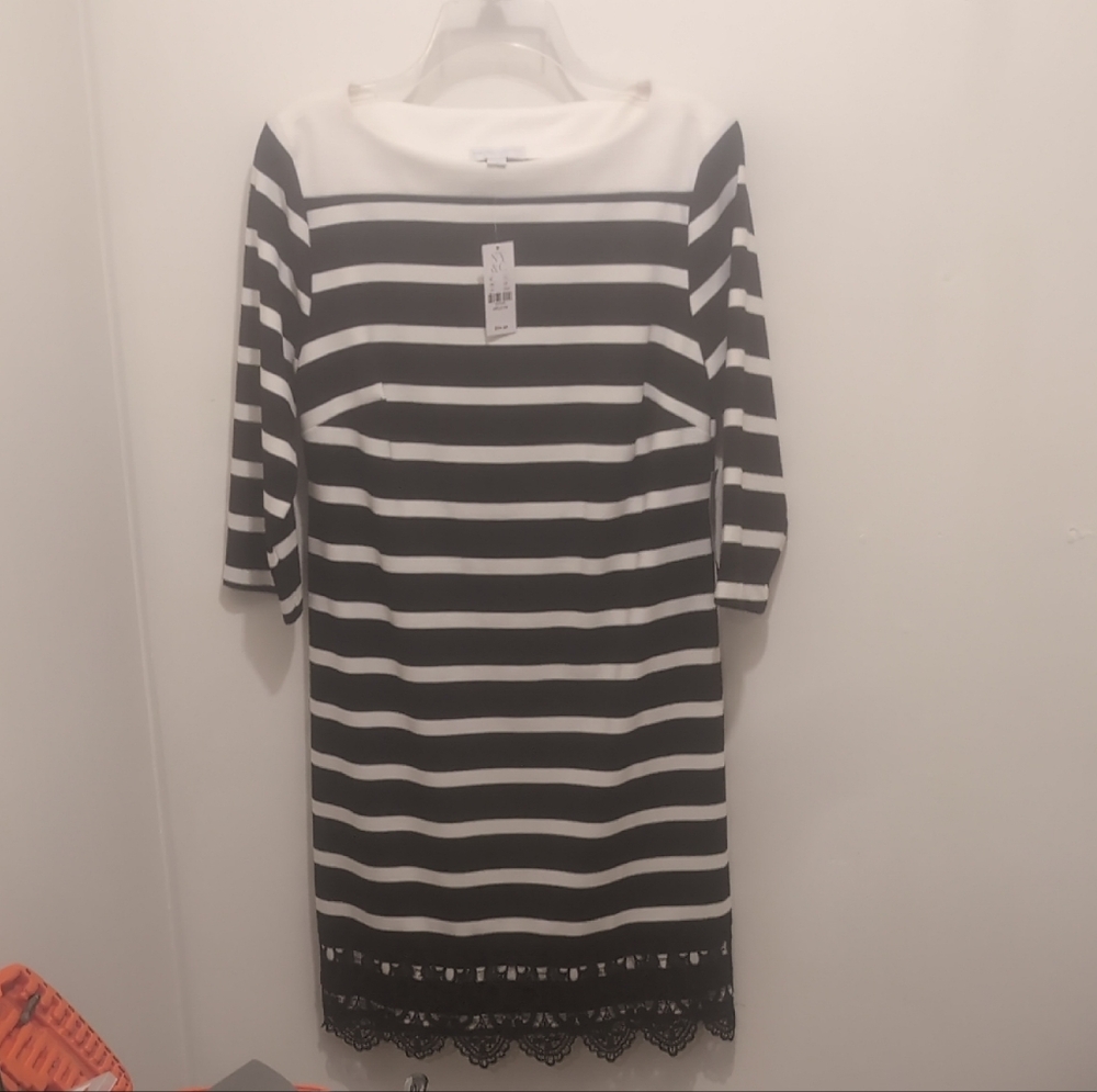 NY&C Chic Striped Long Sleeve Dress w/ Lace Hem